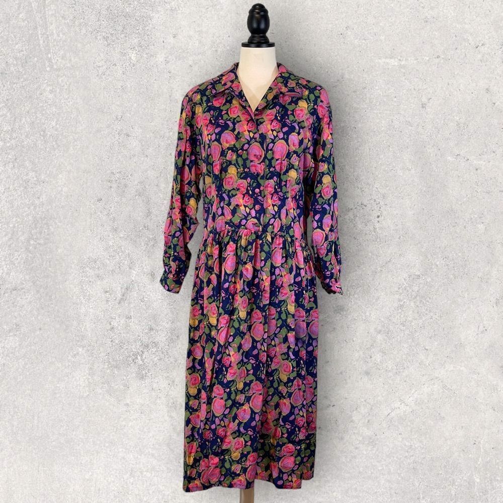 Vintage Brass Plum Midi Dress Purple Pink Blue Floral Print Long Sleeve, Size S